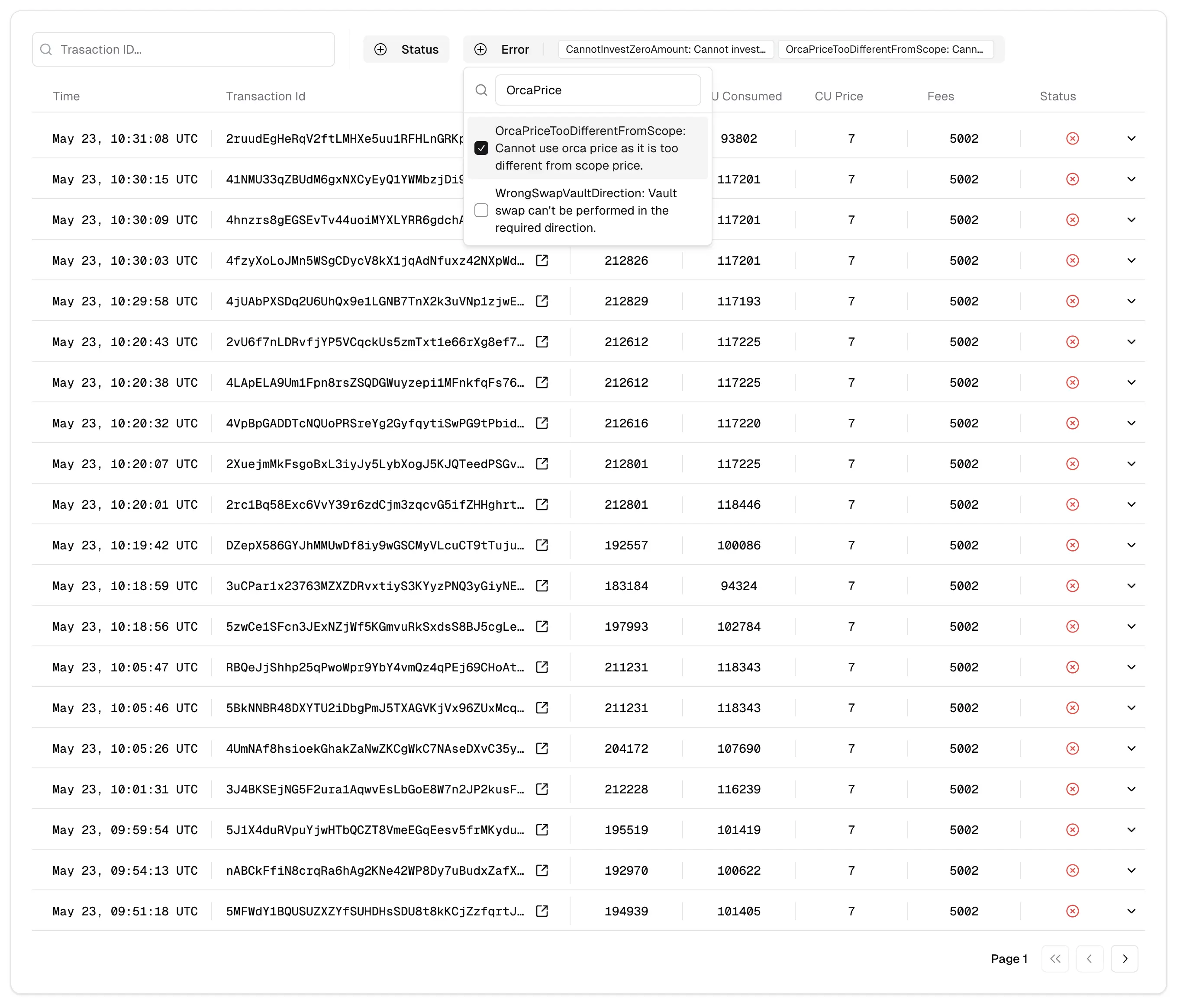 Screenshot of Transactions Error